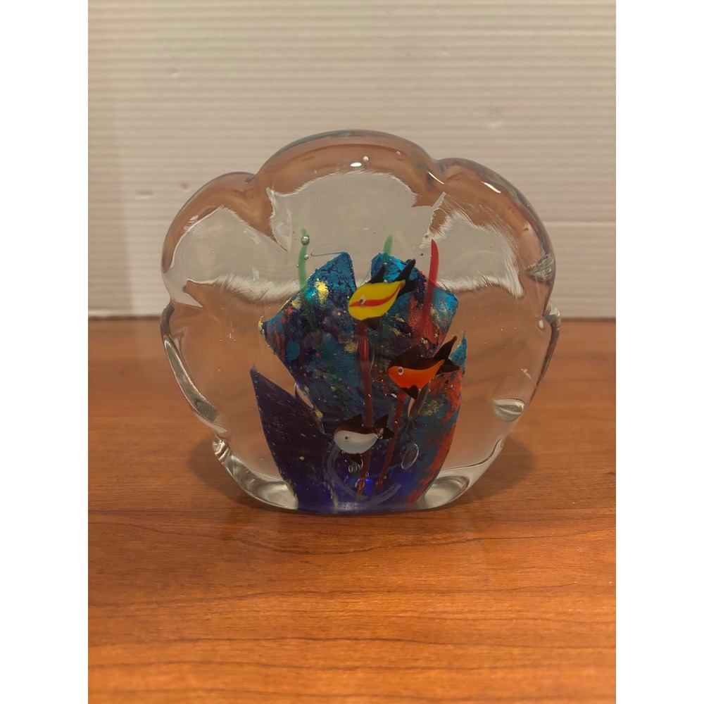 Art Glass Paperweight Scalloped Shell Tropical Fish Coral Reef Gold Flecks